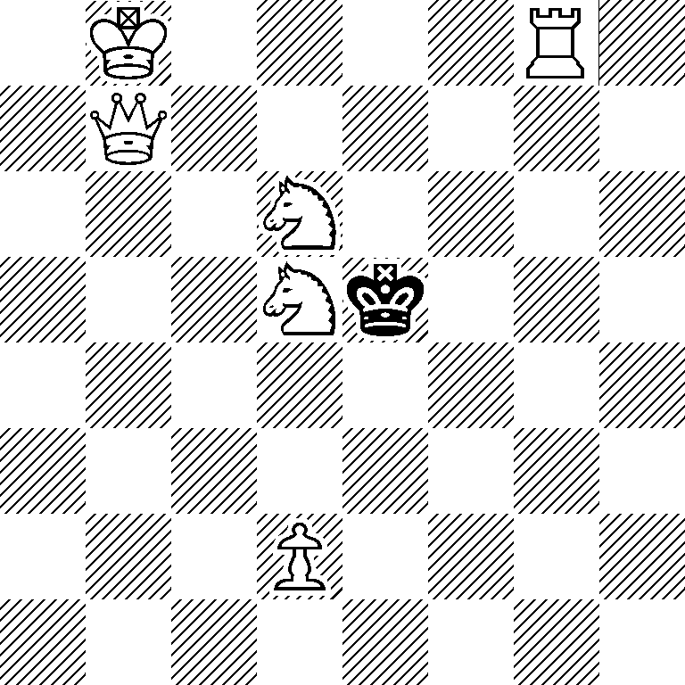 1K4R1/1Q6/3N4/3Nk3/8/8/3P4/8