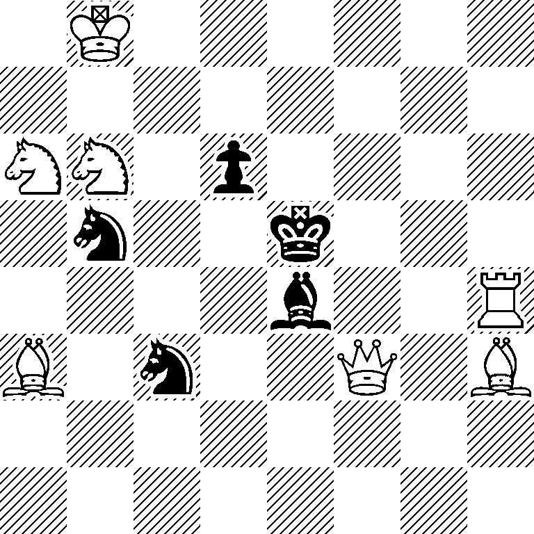 1K6/8/NN1p4/1n2k3/4b2R/B1n2Q1B/8/8