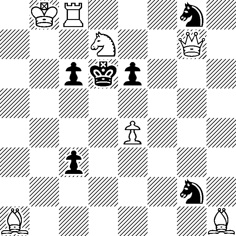 1KR3n1/3N2Q1/2pkp3/8/4P3/2p5/6n1/B6B