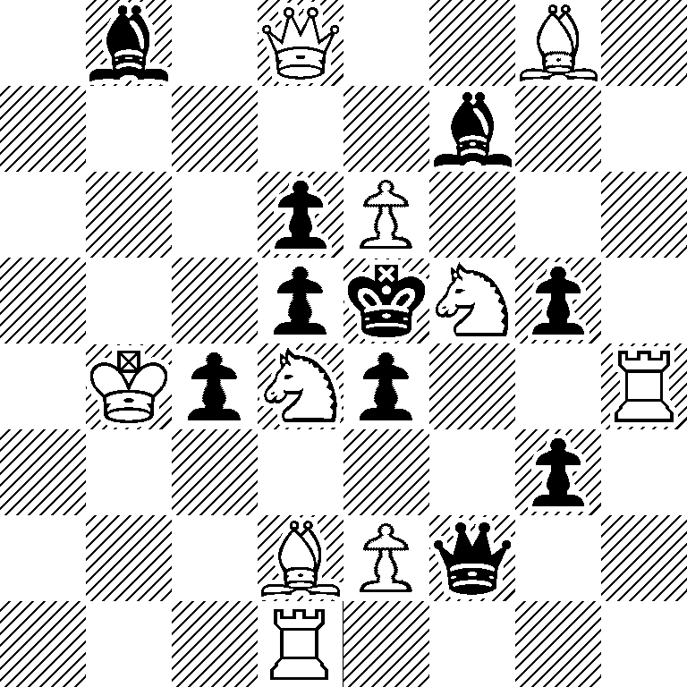 1b1Q2B1/5b2/3pP3/3pkNp1/1KpNp2R/6p1/3BPq2/3R4