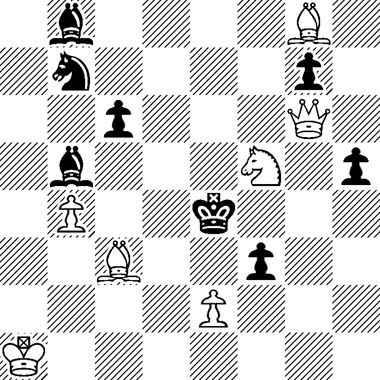 1b4B1/1n4p1/2p3Q1/1b3N1p/1P2k3/2B2p2/4P3/K7