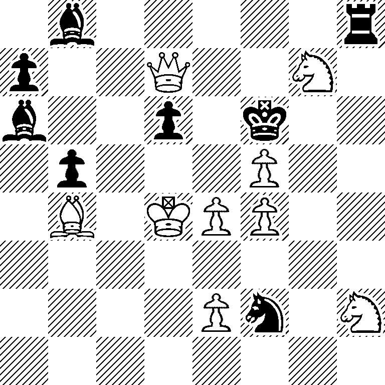 1b5r/p2Q2N1/b2p1k2/1p3P2/1B1KPP2/8/4Pn1N/8