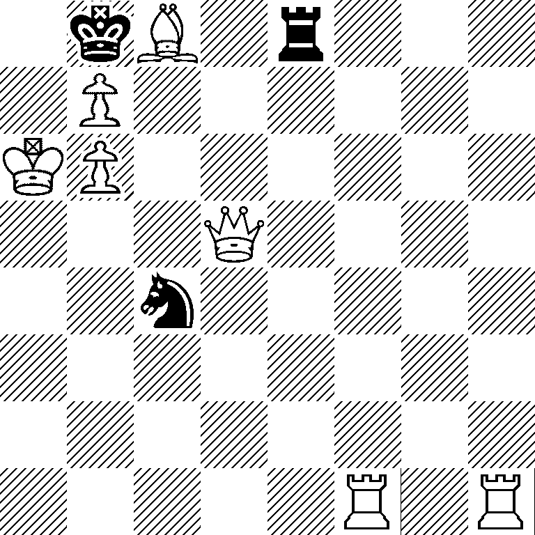 1kB1r3/1P6/KP6/3Q4/2n5/8/8/5R1R