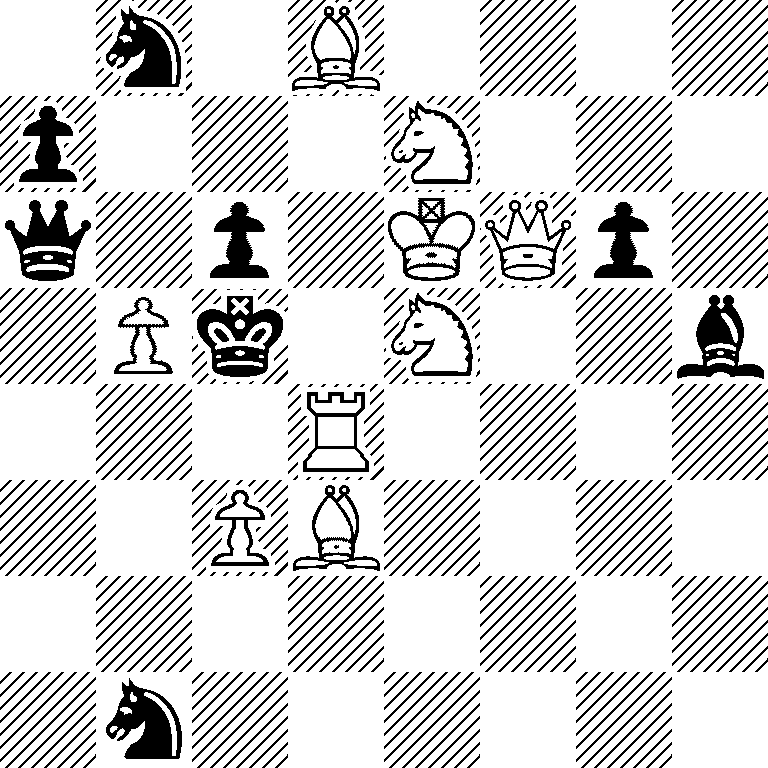 1n1B4/p3N3/q1p1KQp1/1Pk1N2b/3R4/2PB4/8/1n6