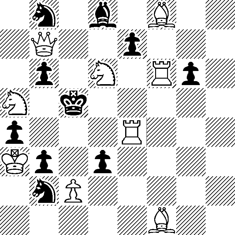 1n1b1B2/1Q2p3/1p1N1Rp1/N1k5/p3R3/Kp1p4/1nP5/5B2
