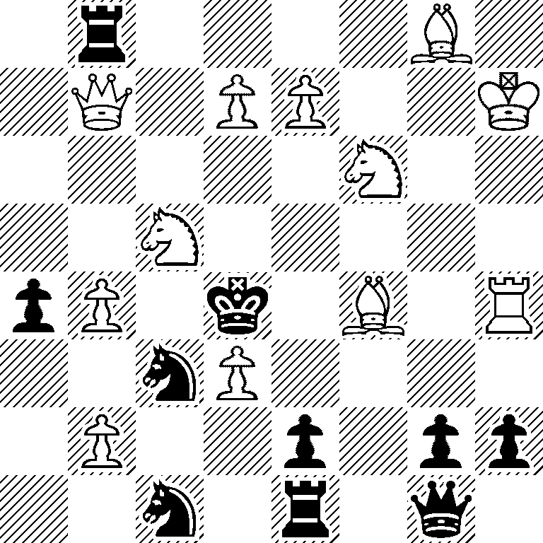 1r4B1/1Q1PP2K/5N2/2N5/pP1k1B1R/2nP4/1P2p1pp/2n1r1q1