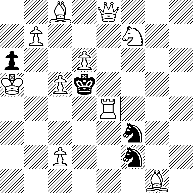 2B1Q3/1P3N2/p2P4/K1Pk4/4R3/5n2/2P2n2/6B1