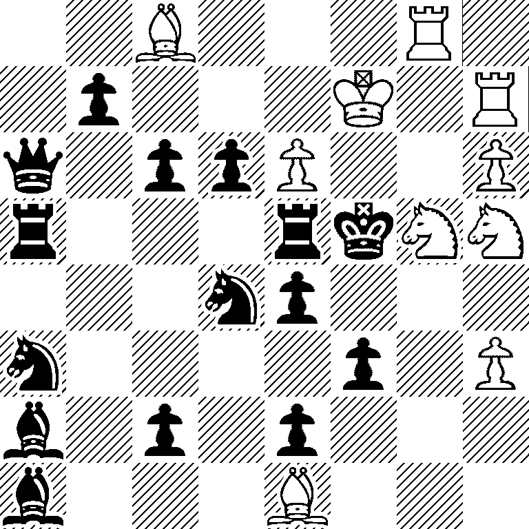 2B3R1/1p3K1R/q1ppP2P/r3rkNN/3np3/n4p1P/b1p1p3/b3B3