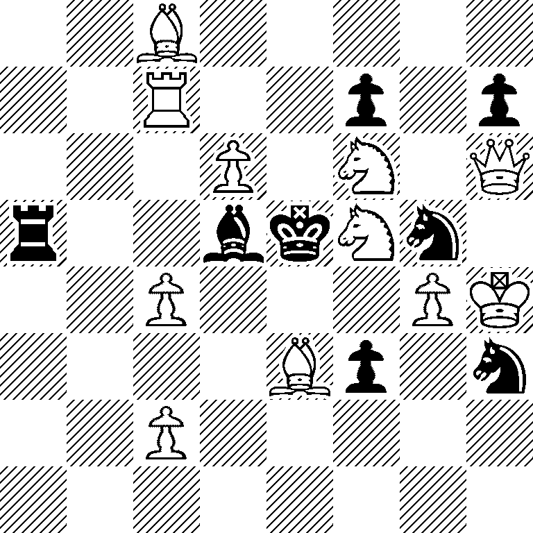 2B5/2R2p1p/3P1N1Q/r2bkNn1/2P3PK/4Bp1n/2P5/8