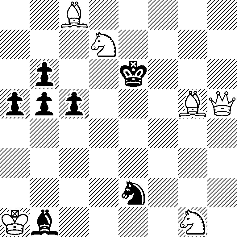 2B5/3N4/1p2k3/ppp3BQ/8/8/4n3/Kb4N1