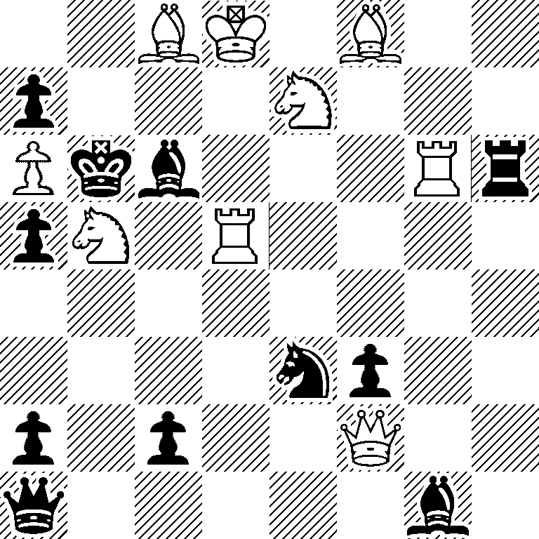 2BK1B2/p3N3/Pkb3Rr/pN1R4/8/4np2/p1p2Q2/q5b1