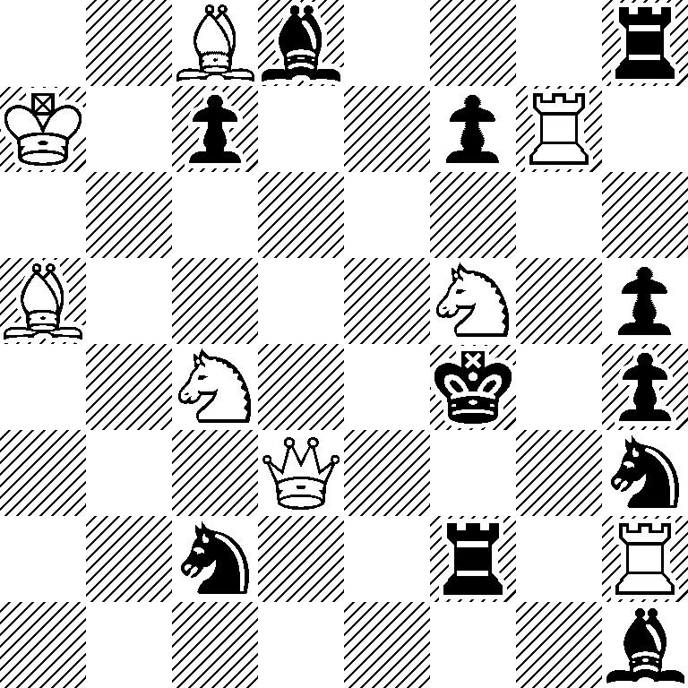 2Bb3r/K1p2pR1/8/B4N1p/2N2k1p/3Q3n/2n2r1R/7b