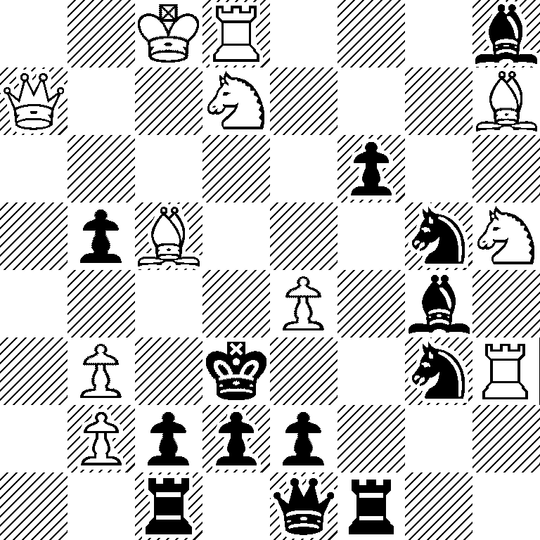 2KR3b/Q2N3B/5p2/1pB3nN/4P1b1/1P1k2nR/1Pppp3/2r1qr2