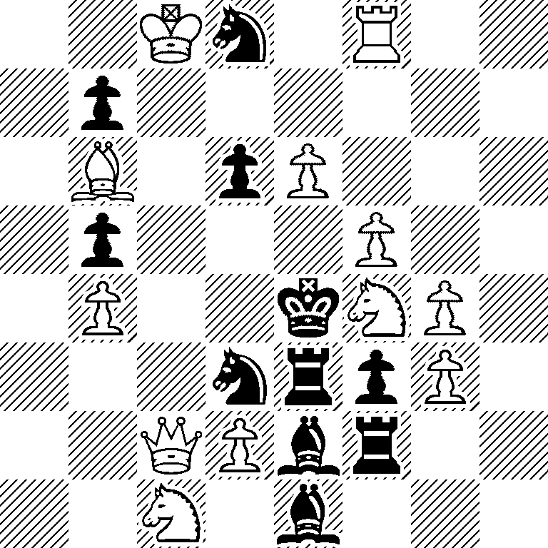 2Kn1R2/1p6/1B1pP3/1p3P2/1P2kNP1/3nrpP1/2QPbr2/2N1b3