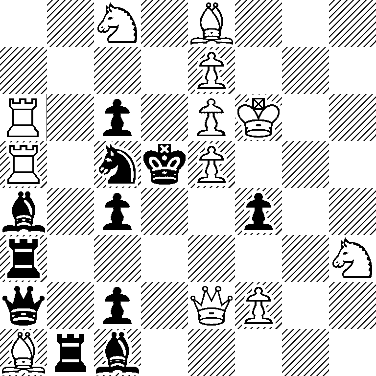 2N1B3/4P3/R1p1PK2/R1nkP3/b1p2p2/r6N/q1p1QP2/Brb5
