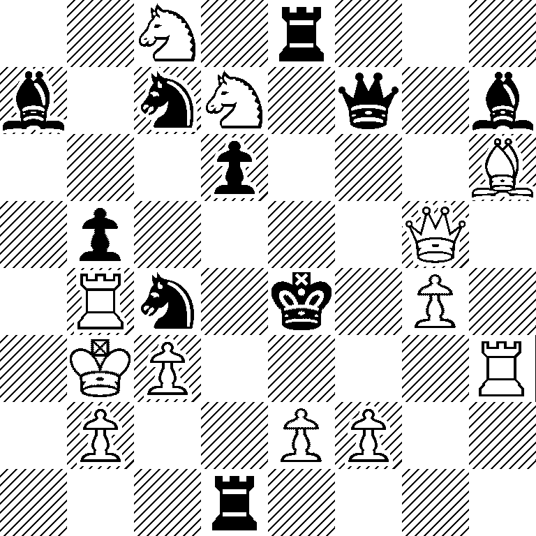 2N1r3/b1nN1q1b/3p3B/1p4Q1/1Rn1k1P1/1KP4R/1P2PP2/3r4