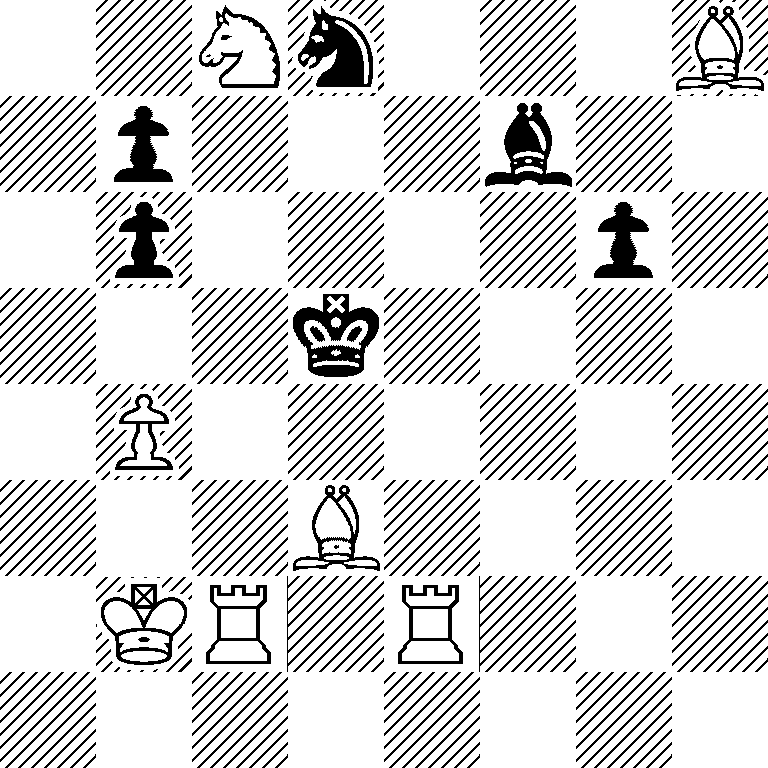 2Nn3B/1p3b2/1p4p1/3k4/1P6/3B4/1KR1R3/8