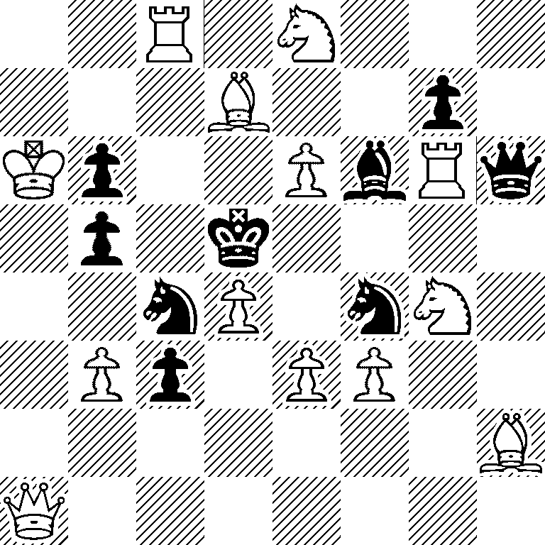 2R1N3/3B2p1/Kp2PbRq/1p1k4/2nP1nN1/1Pp1PP2/7B/Q7