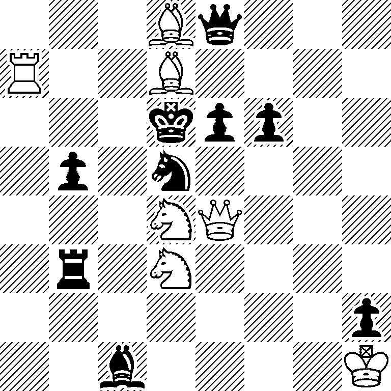3Bq3/R2B4/3kpp2/1p1n4/3NQ3/1r1N4/7p/2b4K