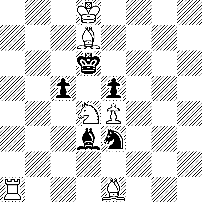 3K4/3B4/3k4/2p1p3/3NP3/3bn3/8/R3B3