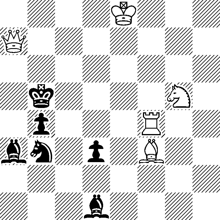 4K3/Q7/8/1k4N1/1p3R2/bn1p1B2/8/3b4