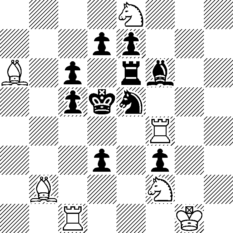 4N3/3pp3/B1p1rb2/2pkn3/5R2/3p1p2/1B3N2/2R3K1