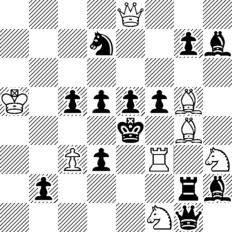 4Q3/3n2pb/8/K1ppppB1/4k1B1/2Pp1R1N/1p4rb/5Nq1