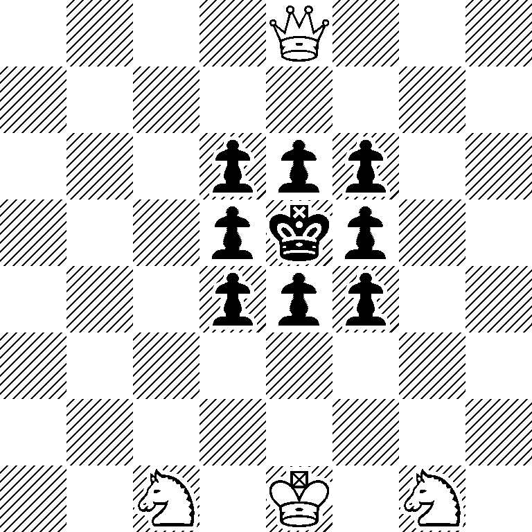 4Q3/8/3ppp2/3pkp2/3ppp2/8/8/2N1K1N1