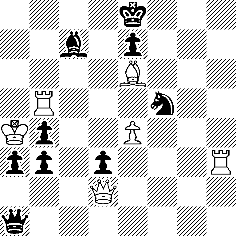 4k3/2b1p3/4B3/1R3n2/Kp2P3/pp1p3R/3Q4/q7