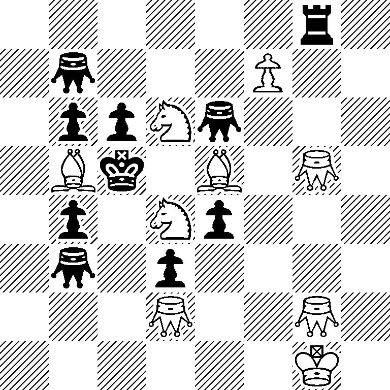 6r1/1*2q3P2/1ppS*2q3/1Bk1B1*2Q1/1p1Sp3/1*2q1p4/3*2Q2*2Q1/6K1