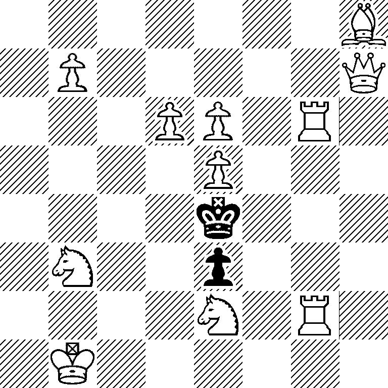 7B/1P5Q/3PP1R1/4P3/4k3/1N2p3/4N1R1/1K6