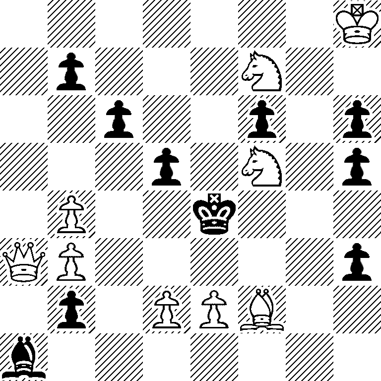 7K/1p3N2/2p2p1p/3p1N1p/1P2k3/QP5p/1p1PPB2/b7