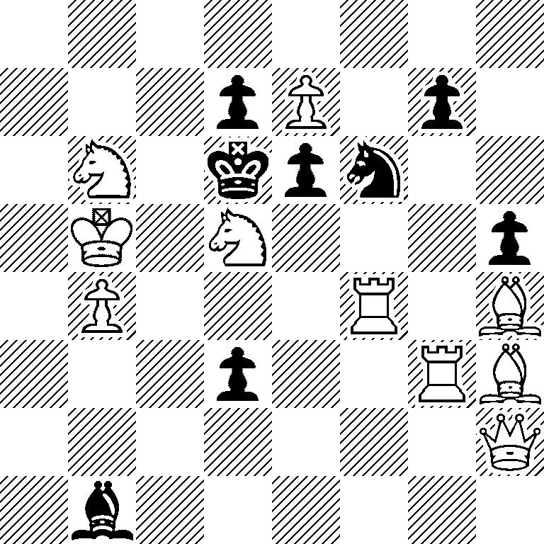 8/3pP1p1/1N1kpn2/1K1N3p/1P3R1B/3p2RB/7Q/1b6