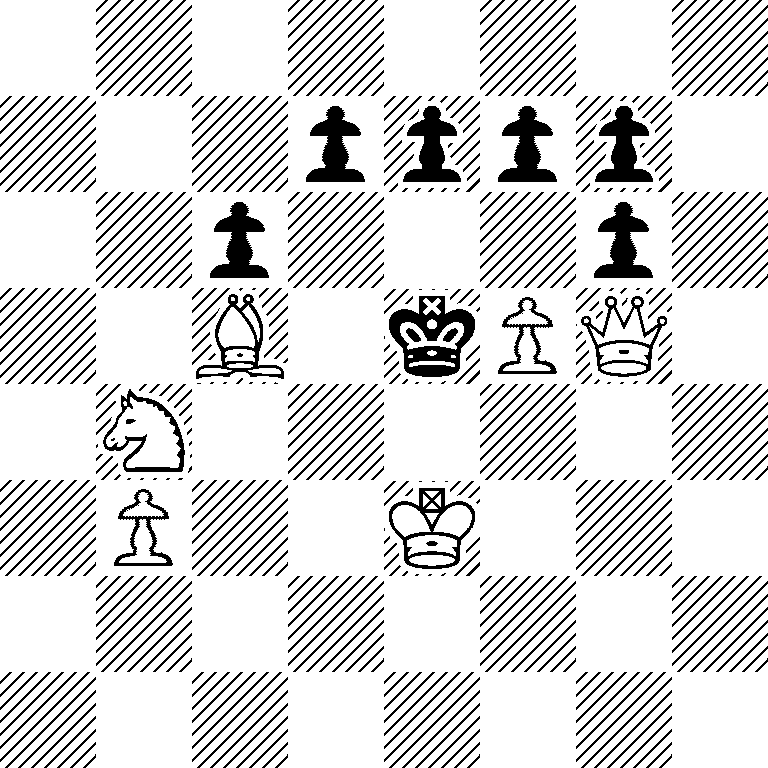 8/3pppp1/2p3p1/2B1kPQ1/1N6/1P2K3/8/8