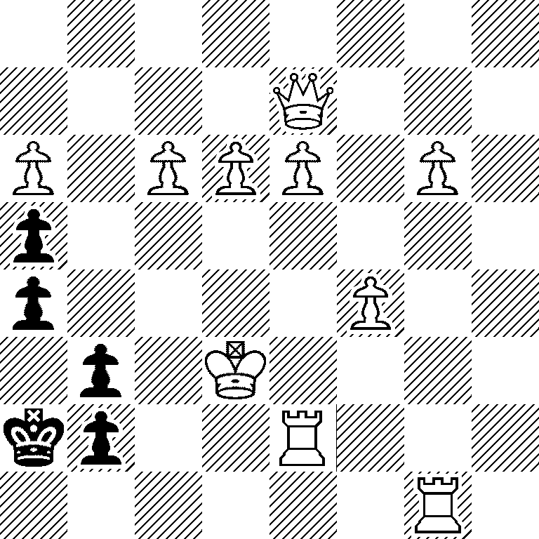 8/4Q3/P1PPP1P1/p7/p4P2/1p1K4/kp2R3/6R1