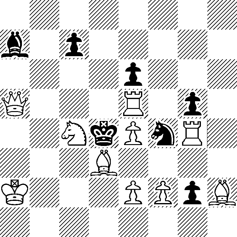 8/b1p5/4p3/Q3R1p1/2NkPnR1/3B4/K3PPpB/8