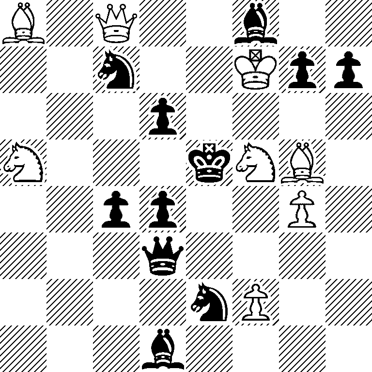 B1Q2b2/2n2Kpp/3p4/N3kNB1/2pp2P1/3q4/4nP2/3b4