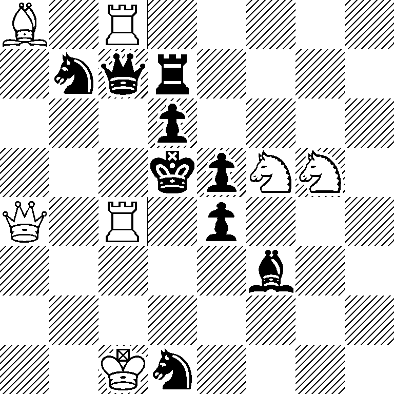 B1R5/1nqr4/3p4/3kpNN1/Q1R1p3/5b2/8/2Kn4