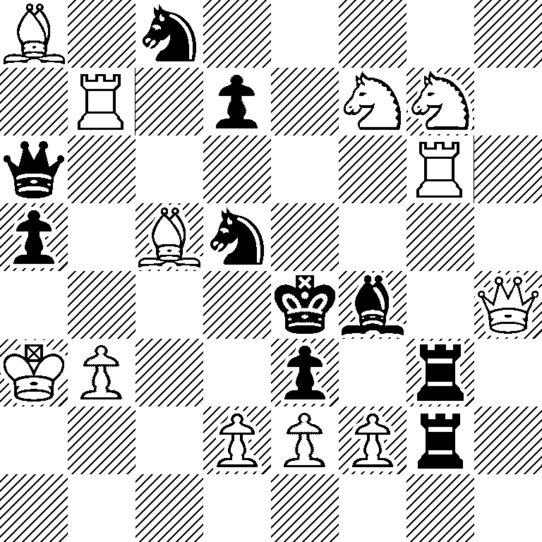 B1n5/1R1p1NN1/q5R1/p1Bn4/4kb1Q/KP2p1r1/3PPPr1/8
