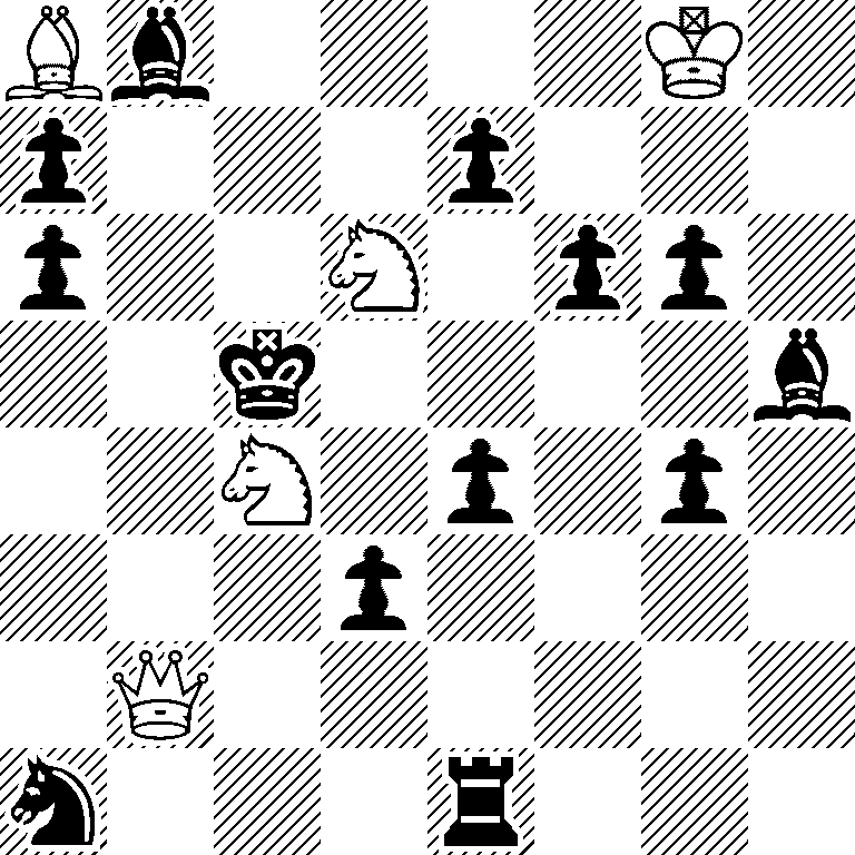 Bb4K1/p3p3/p2N1pp1/2k4b/2N1p1p1/3p4/1Q6/n3r3