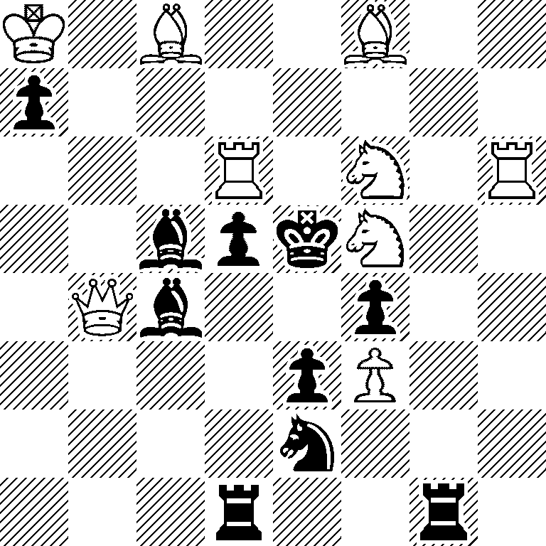 K1B2B2/p7/3R1N1R/2bpkN2/1Qb2p2/4pP2/4n3/3r2r1