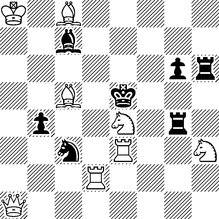 K1B5/2b5/6pr/2B1k3/1p2N1r1/2n1R2N/3R4/Q7