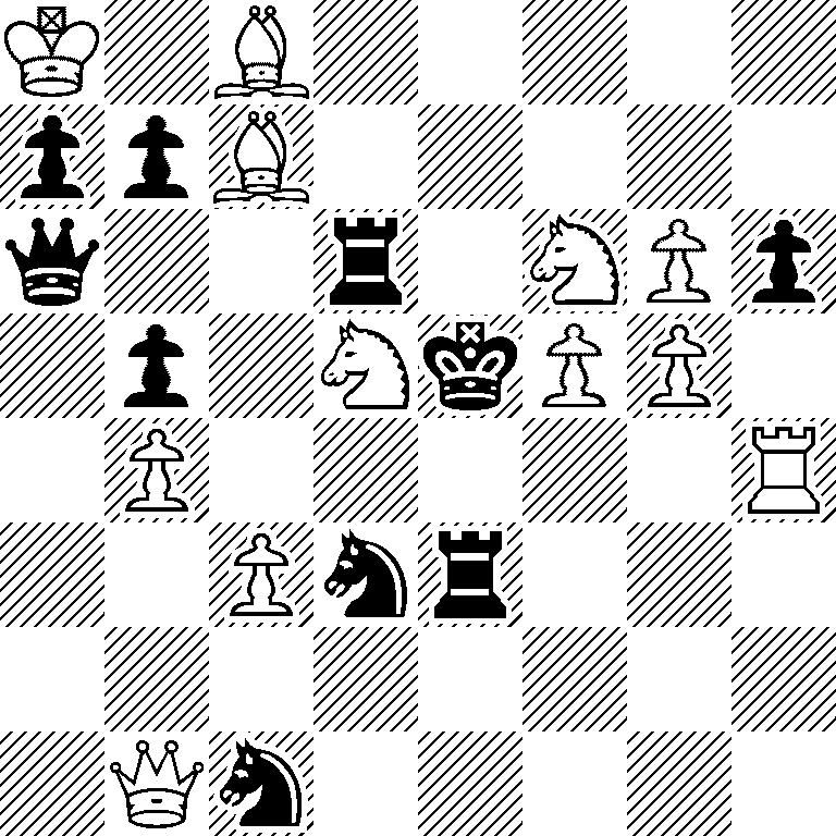 K1B5/ppB5/q2r1NPp/1p1NkPP1/1P5R/2Pnr3/8/1Qn5