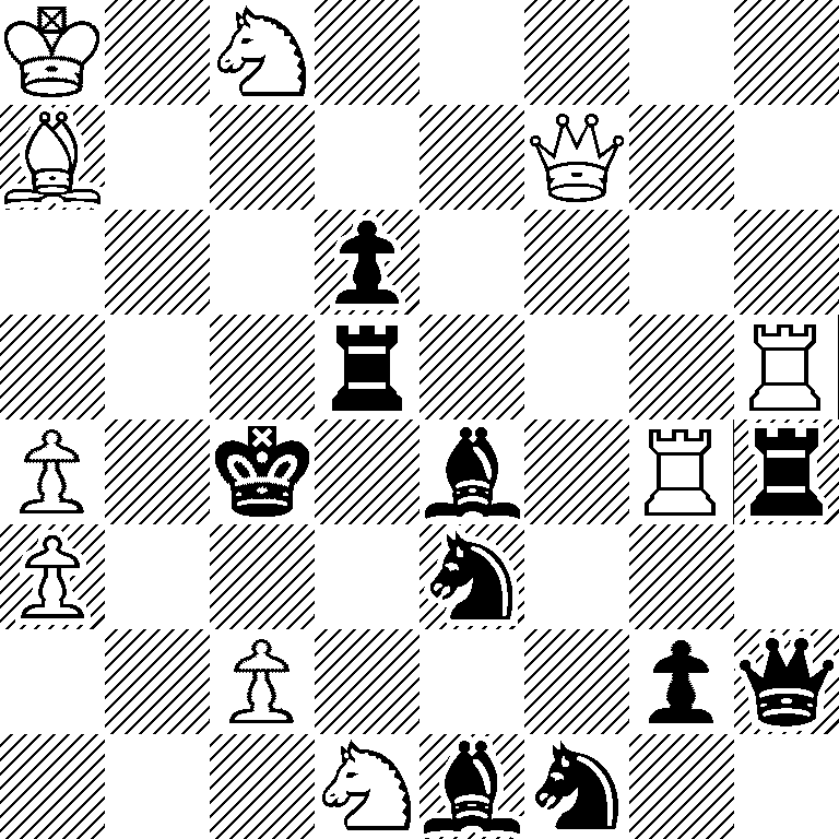K1N5/B4Q2/3p4/3r3R/P1k1b1Rr/P3n3/2P3pq/3Nbn2