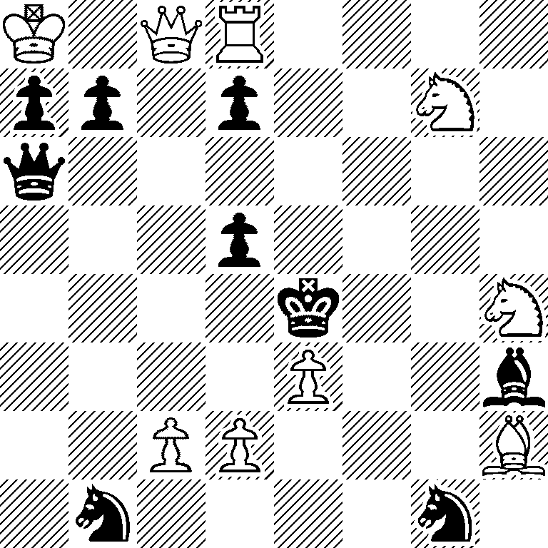 K1QR4/pp1p2N1/q7/3p4/4k2N/4P2b/2PP3B/1n4n1