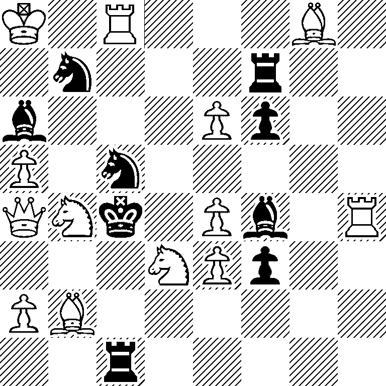 K1R3B1/1n3r2/b3Pp2/P1n5/QNk1Pb1R/3NPp2/PB6/2r5