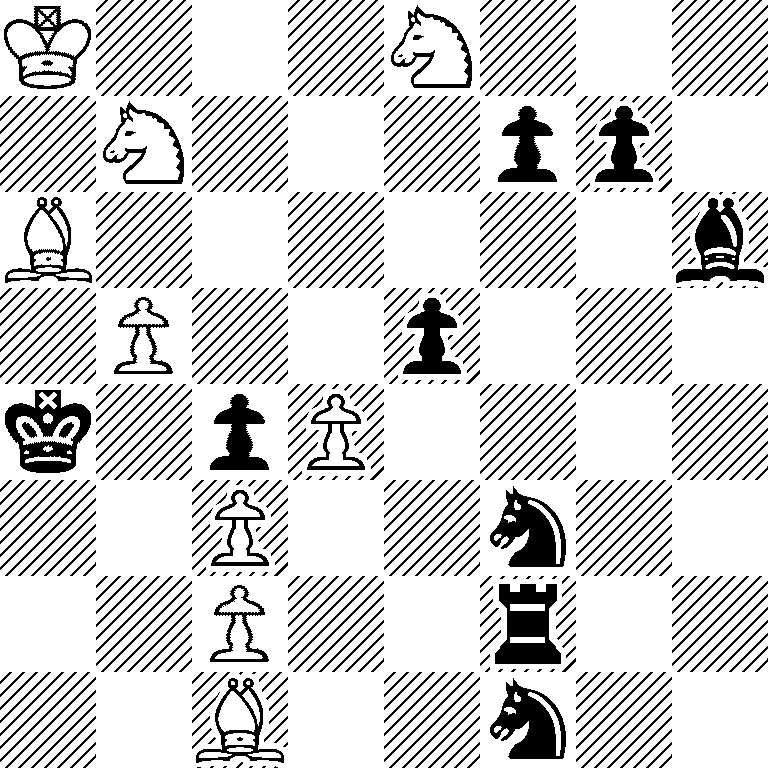K3N3/1N3pp1/B6b/1P2p3/k1pP4/2P2n2/2P2r2/2B2n2