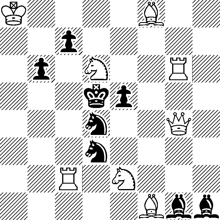 K4B2/2p5/1p1N2R1/3kp3/3n2Q1/3n4/2R1N3/5Bbb
