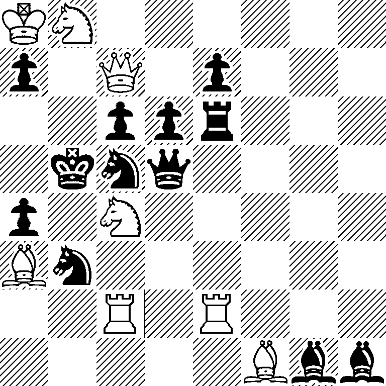 KN6/p1Q1p3/2ppr3/1knq4/p1N5/Bn6/2R1R3/5Bbb