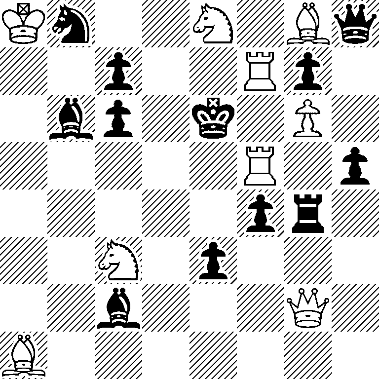 Kn2N1Bq/2p2Rp1/1bp1k1P1/5R1p/5pr1/2N1p3/2b3Q1/B7